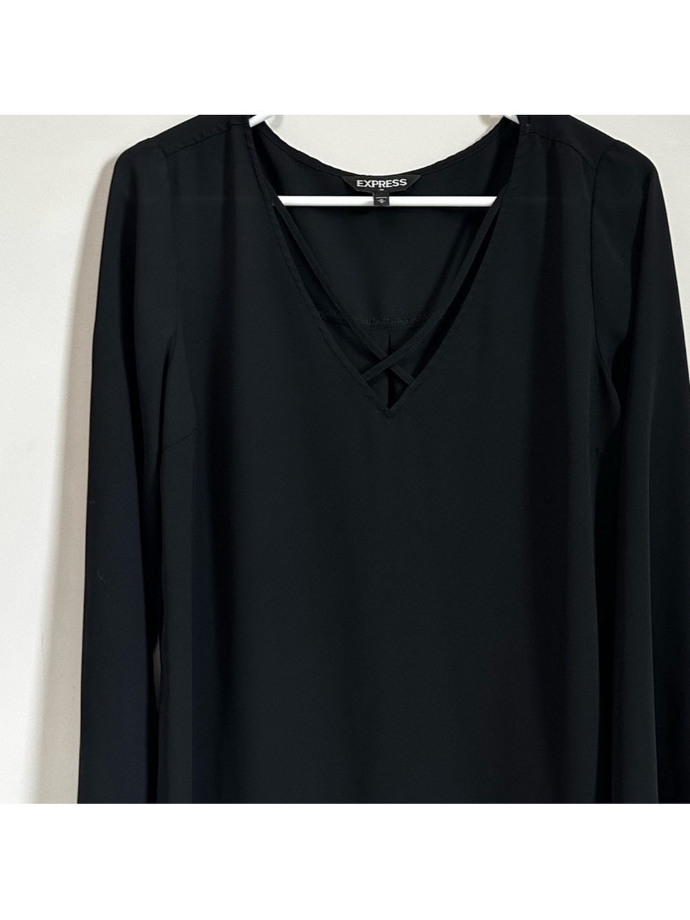 Express Black V-Neck Long Sleeve Blouse with Crisscross Detail
